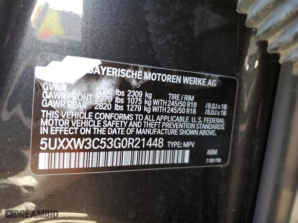 2016 BMW X4 xDrive28i with VIN 5UXXW3C53G0R21448, listed as a Copart auction lot 68069812 with 44,358 mi miles. Bid and sale history available at carsss.com. Image 12.