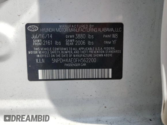 2015 Hyundai Elantra SE with VIN 5NPDH4AE0FH562200, listed as a Copart auction lot 60260085 with Not provided miles and Salvage title. Bid and sale history available at DreamBid. Image 12.