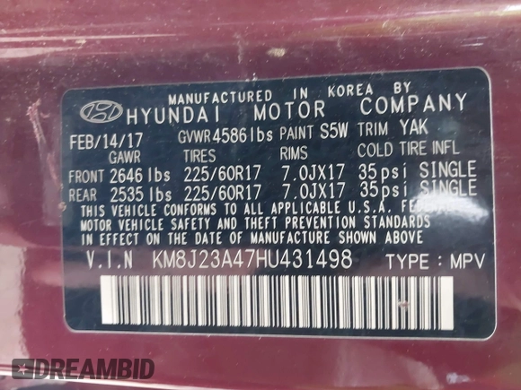 2017 Hyundai Tucson SE z VIN KM8J23A47HU431498, wystawiony jako IAAI lot #42425577 z przebiegiem 83 014 mil mil oraz . Historia ofert i sprzedaży dostępna na DreamBid. Obrazek 9.