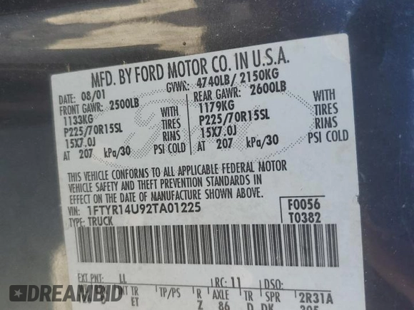 2002 Ford Ranger XL with VIN 1FTYR14U92TA01225, listed as a Copart auction lot 56657235 with 118,013 mi miles and Clean title. Bid and sale history available at DreamBid. Image 12.