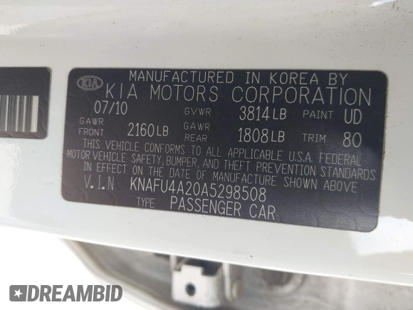 2010 Kia Forte EX with VIN KNAFU4A20A5298508, listed as a IAAI auction lot 42055396 with 250,843 mi miles. Bid and sale history available at carsss.com. Image 9.