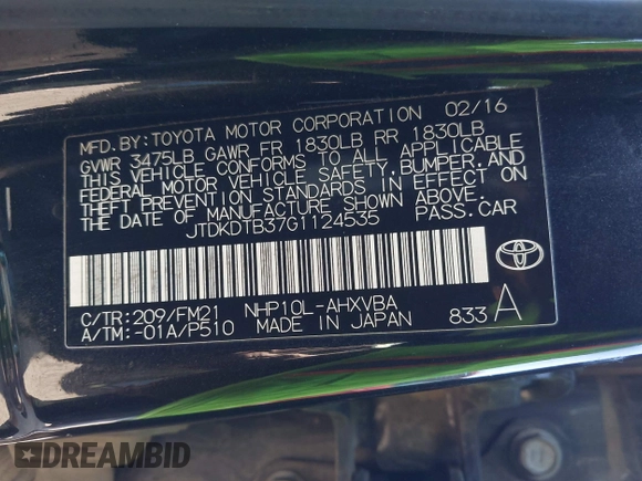 2016 Toyota Prius One with VIN JTDKDTB37G1124535, listed as a IAAI auction lot 42183635 with 302,312 mi miles and . Bid and sale history available at DreamBid. Image 9.