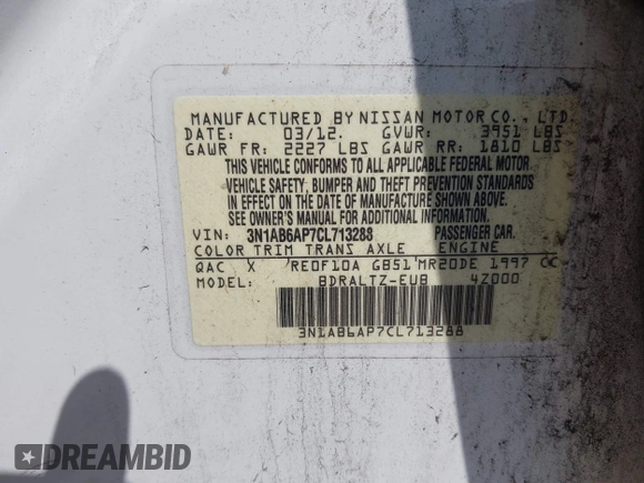 2012 Nissan Sentra SR with VIN 3N1AB6AP7CL713288, listed as a IAAI auction lot 42150652 with 184,630 mi miles and . Bid and sale history available at DreamBid. Image 9.