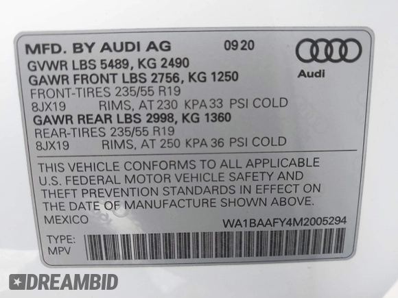 2021 Audi Q5 Premium Plus with VIN WA1BAAFY4M2005294, listed as a IAAI auction lot 41740675 with 34,166 mi miles. Bid and sale history available at carsss.com. Image 9.