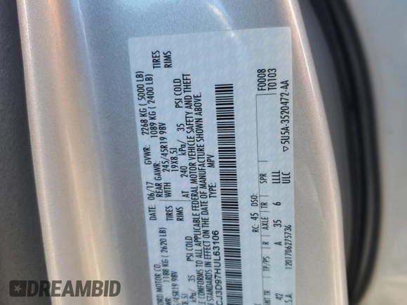 2017 Lincoln MKC Reserve with VIN 5LMCJ3D97HUL63106, listed as a Copart auction lot 49303905 with 78,457 mi miles and Salvage Title. Bid and sale history available at carsss.com. Image 14.