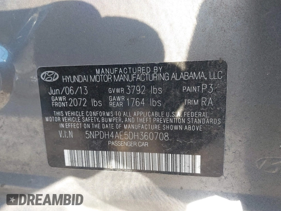 2013 Hyundai Elantra GLS with VIN 5NPDH4AE5DH360708, listed as a IAAI auction lot 41458823 with 109,557 mi miles and . Bid and sale history available at DreamBid. Image 9.
