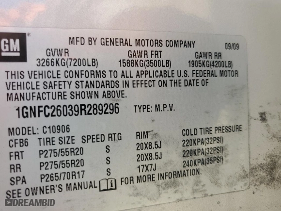 2009 Chevrolet Suburban LT w/2LT with VIN 1GNFC26039R289296, listed as a Copart auction lot 80672484 with 0 mi miles and Salvage Title. Bid and sale history available at carsss.com. Image 13.