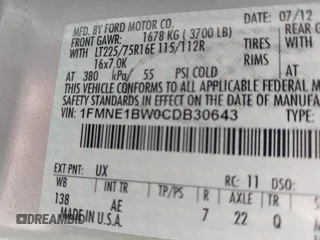 2012 Ford Econoline Passenger XL with VIN 1FMNE1BW0CDB30643, listed as a IAAI auction lot 41688533 with 61,083 mi miles and . Bid and sale history available at DreamBid. Image 9.