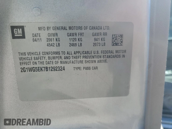 2011 Chevrolet Impala with VIN 2G1WG5EK7B1292324, listed as a Copart auction lot 53704215 with 121,074 mi miles and Salvage Title. Bid and sale history available at DreamBid. Image 12.