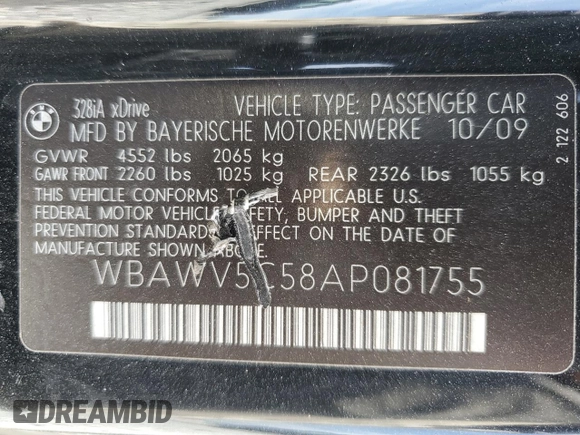 2010 BMW 3 Series with VIN WBAWV5C58AP081755, listed as a Copart auction lot 52873655 with 312,063 mi miles and Salvage title. Bid and sale history available at DreamBid. Image 12.