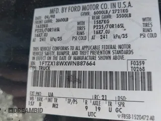 1998 Ford F-150 с VIN 1FTZX18WXWNB87664, выставлен на аукционе IAAI как лот 41508340 с пробегом 276 281 миль миль и . История ставок и продаж доступна на DreamBid. Изображение 9.