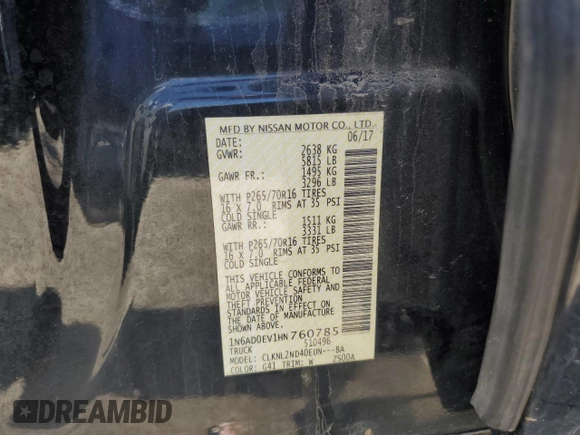 2017 Nissan Frontier SV with VIN 1N6AD0EV1HN760785, listed as a Copart auction lot 54345935 with Not provided miles and Salvage title. Bid and sale history available at DreamBid. Image 12.