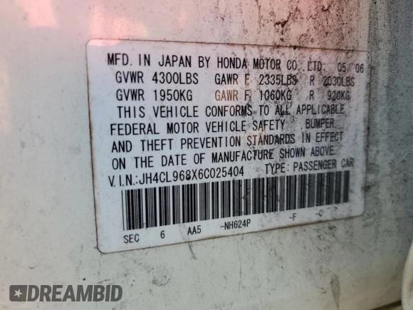 2006 Acura TSX with VIN JH4CL968X6C025404, listed as a Copart auction lot 47410695 with 188,541 mi miles and Salvage Title. Bid and sale history available at carsss.com. Image 12.