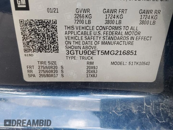 2021 GMC Sierra 1500 SLT z VIN 3GTU9DET5MG216851, wystawiony jako Copart lot #50587485 z przebiegiem 54 929 mil mil oraz Szkoda całkowita • Salvage title. Historia ofert i sprzedaży dostępna na DreamBid. Obrazek 13.