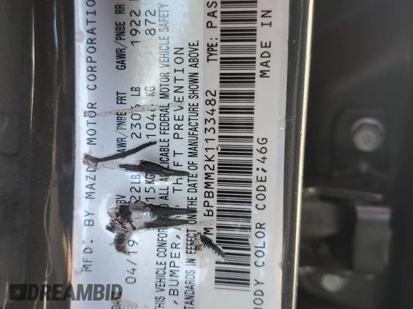 2019 Mazda 3 Preferred with VIN JM1BPBMM2K1133482, listed as a Copart auction lot 50001155 with 71,132 mi miles and Salvage title. Bid and sale history available at DreamBid. Image 13.