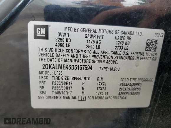 2013 GMC Terrain SLE with VIN 2GKALMEK6D6157594, listed as a Copart auction lot 61379855 with 196,665 mi miles and Salvage title. Bid and sale history available at DreamBid. Image 13.