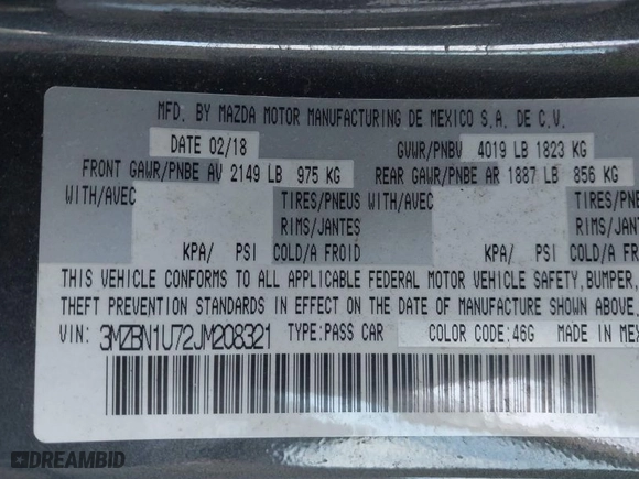 2018 Mazda Mazda3 4-Door Sport with VIN 3MZBN1U72JM208321, listed as a IAAI auction lot 41666551 with 126,173 mi miles. Bid and sale history available at carsss.com. Image 9.