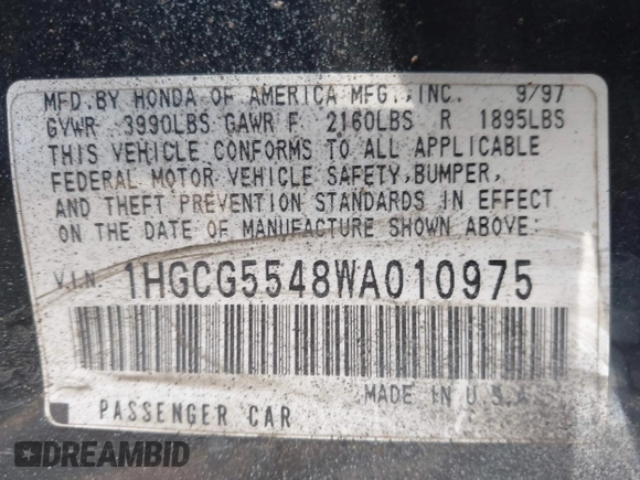 1998 Honda Accord LX with VIN 1HGCG5548WA010975, listed as a IAAI auction lot 39183531 with Not provided miles and . Bid and sale history available at DreamBid. Image 9.