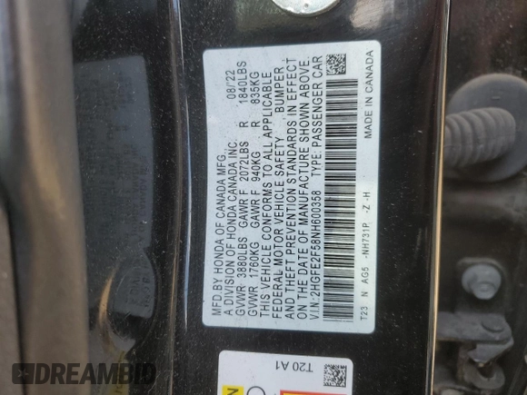 2022 Honda Civic Sport z VIN 2HGFE2F58NH600358, wystawiony jako Copart lot #52738505 z przebiegiem 62 275 mil mil oraz Szkoda całkowita • Salvage title. Historia ofert i sprzedaży dostępna na DreamBid. Obrazek 15.