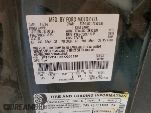 2014 Ford F-150 XL с VIN 1FTFW1EF8EKG36320, выставлен на аукционе Copart как лот 57687255 с пробегом 166 843 миль миль и Списание • Salvage title. История ставок и продаж доступна на DreamBid. Изображение 12.