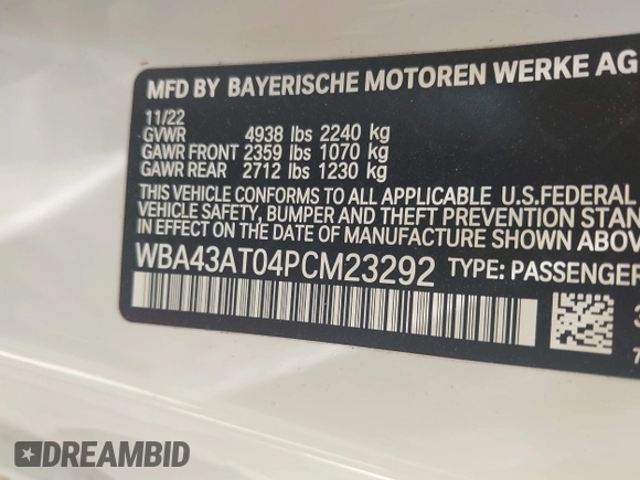 2023 BMW 4 Series 430i xDrive with VIN WBA43AT04PCM23292, listed as a IAAI auction lot 42465765 with 17,376 mi miles and . Bid and sale history available at DreamBid. Image 9.