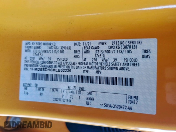 2021 Ford Bronco с VIN 1FMDE5DH6MLB02239, выставлен на аукционе Copart как лот 55315985 с пробегом 36 310 миль миль и На запчасти • Non repairable. История ставок и продаж доступна на DreamBid. Изображение 13.