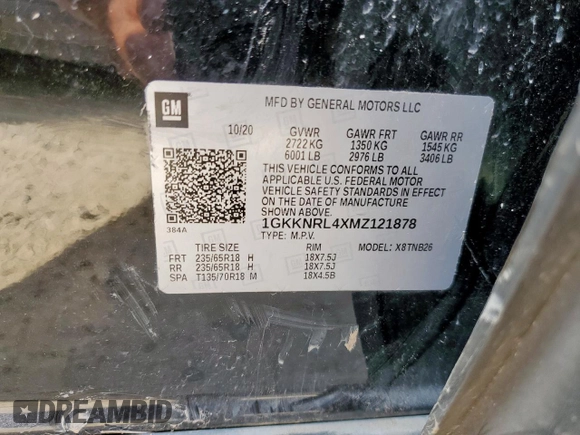 2021 GMC Acadia SLE with VIN 1GKKNRL4XMZ121878, listed as a Copart auction lot 59012705 with Not provided miles and Salvage title. Bid and sale history available at DreamBid. Image 13.