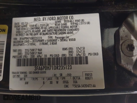2013 Ford Fusion SE с VIN 3FA6P0H71DR235123, выставлен на аукционе IAAI как лот 42320825 с пробегом 151 668 миль миль и . История ставок и продаж доступна на DreamBid. Изображение 9.