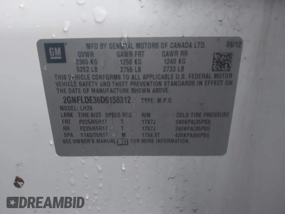 2013 Chevrolet Equinox LT with VIN 2GNFLDE36D6158312, listed as a IAAI auction lot 41211180 with 192,268 mi miles and . Bid and sale history available at DreamBid. Image 9.