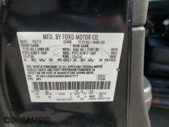 2011 Ford Escape XLT с VIN 1FMCU9DG5BKB65171, выставлен на аукционе Copart как лот 63237785 с пробегом 195 141 миль миль и Списание • Salvage title. История ставок и продаж доступна на DreamBid. Изображение 13.