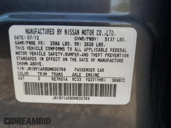 2013 Infiniti M with VIN JN1BY1AR8DM600769, listed as a Copart auction lot 54077445 with 96,498 mi miles and Salvage title. Bid and sale history available at DreamBid. Image 12.