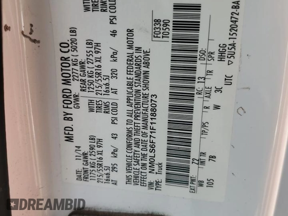 2015 Ford Transit Connect XLT with VIN NM0LS6F71F1188073, listed as a Copart auction lot 60956325 with 153,723 mi miles and Salvage title. Bid and sale history available at DreamBid. Image 13.