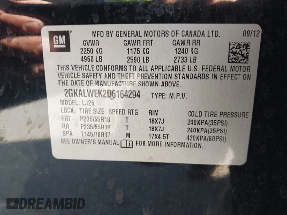 2013 GMC Terrain SLT with VIN 2GKALWEK2D6164294, listed as a IAAI auction lot 42429864 with 153,695 mi miles and . Bid and sale history available at DreamBid. Image 9.