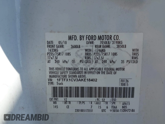 2010 Ford F-150 XL with VIN 1FTFX1CV3AKE18402, listed as a IAAI auction lot 41999255 with 234,309 mi miles and . Bid and sale history available at DreamBid. Image 9.