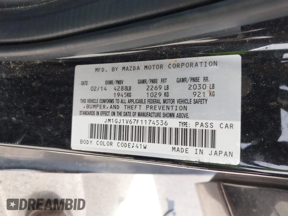 2015 Mazda 6 i Touring with VIN JM1GJ1V67F1174536, listed as a IAAI auction lot 41823441 with 100,264 mi miles. Bid and sale history available at carsss.com. Image 9.