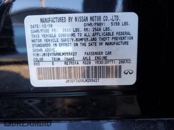 2020 Infiniti Q50 Pure with VIN JN1EV7AR8LM255427, listed as a Copart auction lot 84402194 with 91,280 mi miles and Salvage title. Bid and sale history available at DreamBid. Image 12.