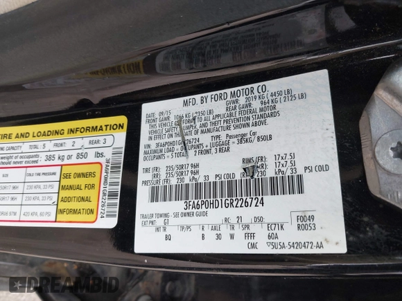 2016 Ford Fusion SE с VIN 3FA6P0HD1GR226724, выставлен на аукционе IAAI как лот 42359213 с пробегом 158 503 миль миль и . История ставок и продаж доступна на DreamBid. Изображение 9.