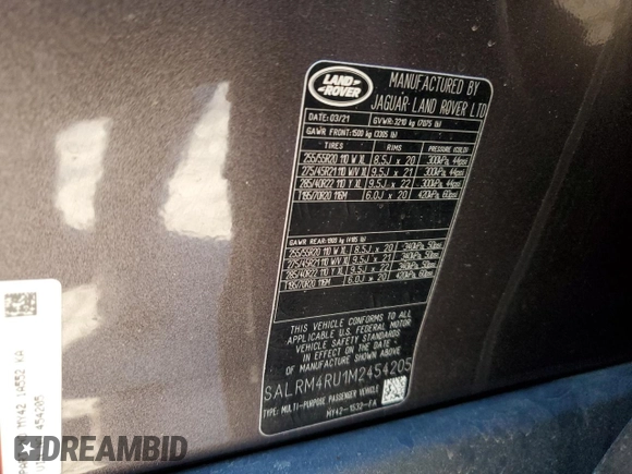 2021 Land Rover Discovery with VIN SALRM4RU1M2454205, listed as a Copart auction lot 45852435 with 55,954 mi miles and Salvage Title. Bid and sale history available at DreamBid. Image 13.