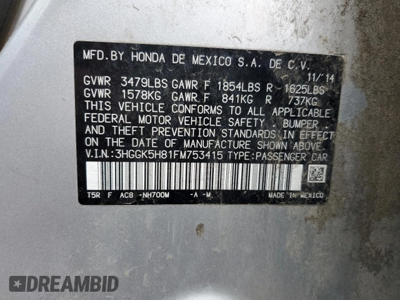 2015 Honda Fit EX-L with VIN 3HGGK5H81FM753415, listed as a Copart auction lot 58566245 with Not provided miles and Salvage title. Bid and sale history available at DreamBid. Image 12.