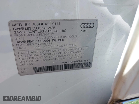 2014 Audi Q5 Premium Plus z VIN WA1LFAFP8EA081587, wystawiony jako IAAI lot #42195922 z przebiegiem 143 540 mil mil oraz . Historia ofert i sprzedaży dostępna na DreamBid. Obrazek 9.