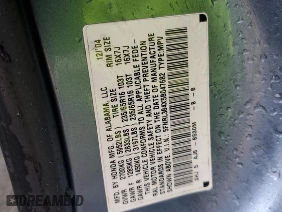 2005 Honda Odyssey EX with VIN 5FNRL384X5B047682, listed as a Copart auction lot 47988485 with 201,593 mi miles and Salvage Title. Bid and sale history available at carsss.com. Image 14.