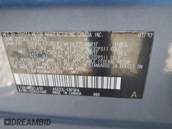 2010 Toyota RAV4 Ltd with VIN 2T3DF4DV9AW039339, listed as a IAAI auction lot 41304510 with 192,609 mi miles. Bid and sale history available at carsss.com. Image 9.