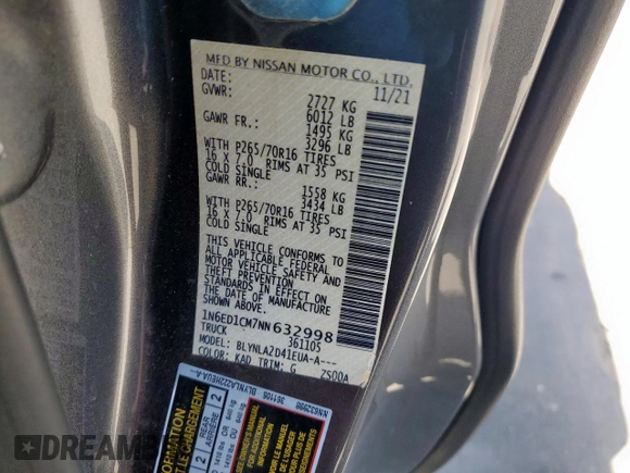 2022 Nissan Frontier S with VIN 1N6ED1CM7NN632998, listed as a Copart auction lot 52043135 with 33,286 mi miles and Salvage title. Bid and sale history available at DreamBid. Image 12.