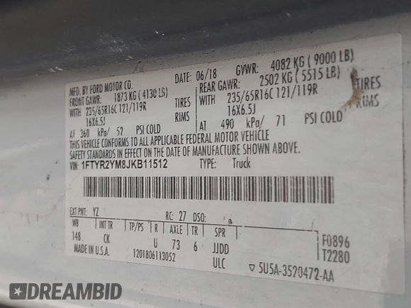 2018 Ford Transit with VIN 1FTYR2YM8JKB11512, listed as a IAAI auction lot 41594917 with 107,015 mi miles and . Bid and sale history available at DreamBid. Image 9.