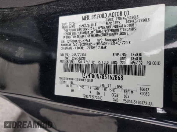 2008 Ford Mustang Deluxe with VIN 1ZVHT80N785162868, listed as a Copart auction lot 53402435 with 147,529 mi miles and Salvage Title. Bid and sale history available at carsss.com. Image 14.