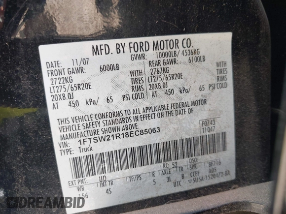 2008 Ford F-250 XL with VIN 1FTSW21R18EC85063, listed as a IAAI auction lot 42678760 with 212,250 mi miles and . Bid and sale history available at DreamBid. Image 9.
