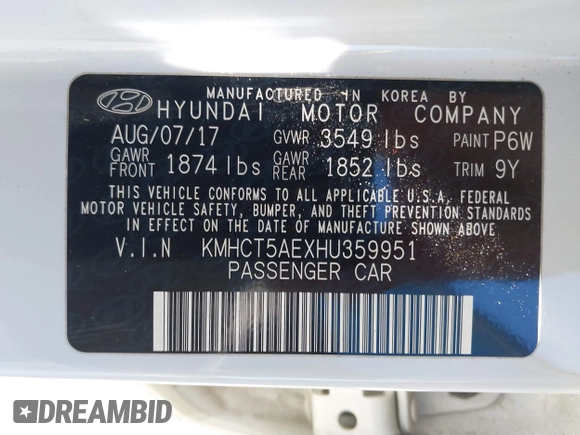 2017 Hyundai Accent SE with VIN KMHCT5AEXHU359951, listed as a IAAI auction lot 41761289 with 97,055 mi miles. Bid and sale history available at carsss.com. Image 9.