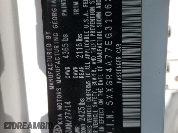 2014 Kia Optima SX with VIN 5XXGR4A77EG310630, listed as a Copart auction lot 57258405 with 100,191 mi miles and Salvage title. Bid and sale history available at DreamBid. Image 13.
