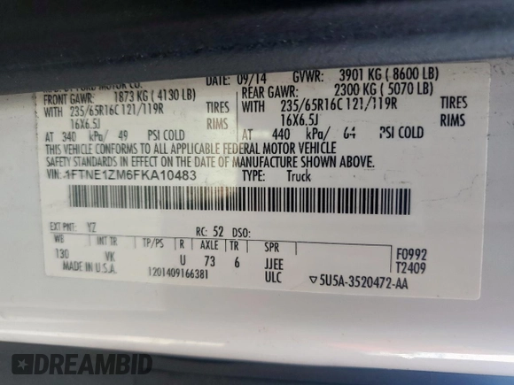 2015 Ford Transit Cargo with VIN 1FTNE1ZM6FKA10483, listed as a Copart auction lot 60918755 with 333,904 mi miles and Salvage title. Bid and sale history available at DreamBid. Image 12.