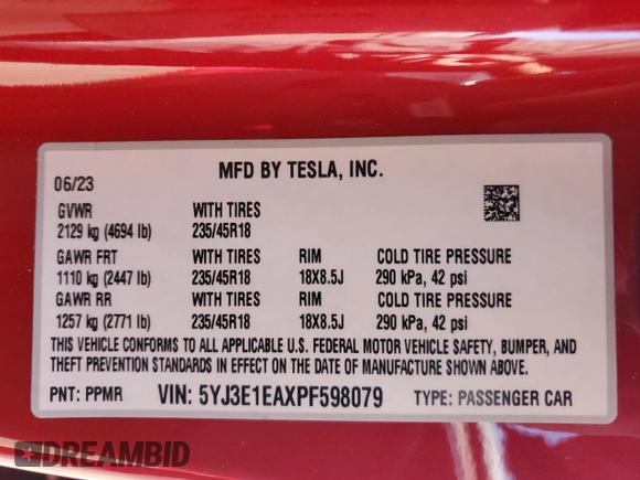 2023 Tesla Model 3 with VIN 5YJ3E1EAXPF598079, listed as a Copart auction lot 55199405 with Not provided miles and Salvage title. Bid and sale history available at DreamBid. Image 12.